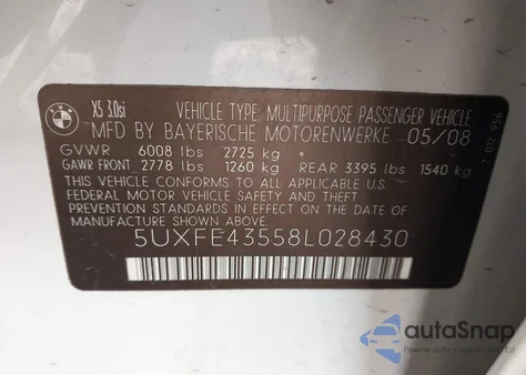 2008 BMW X5 3.0Si из США, поврежденный, VIN 5UXFE43558L028430